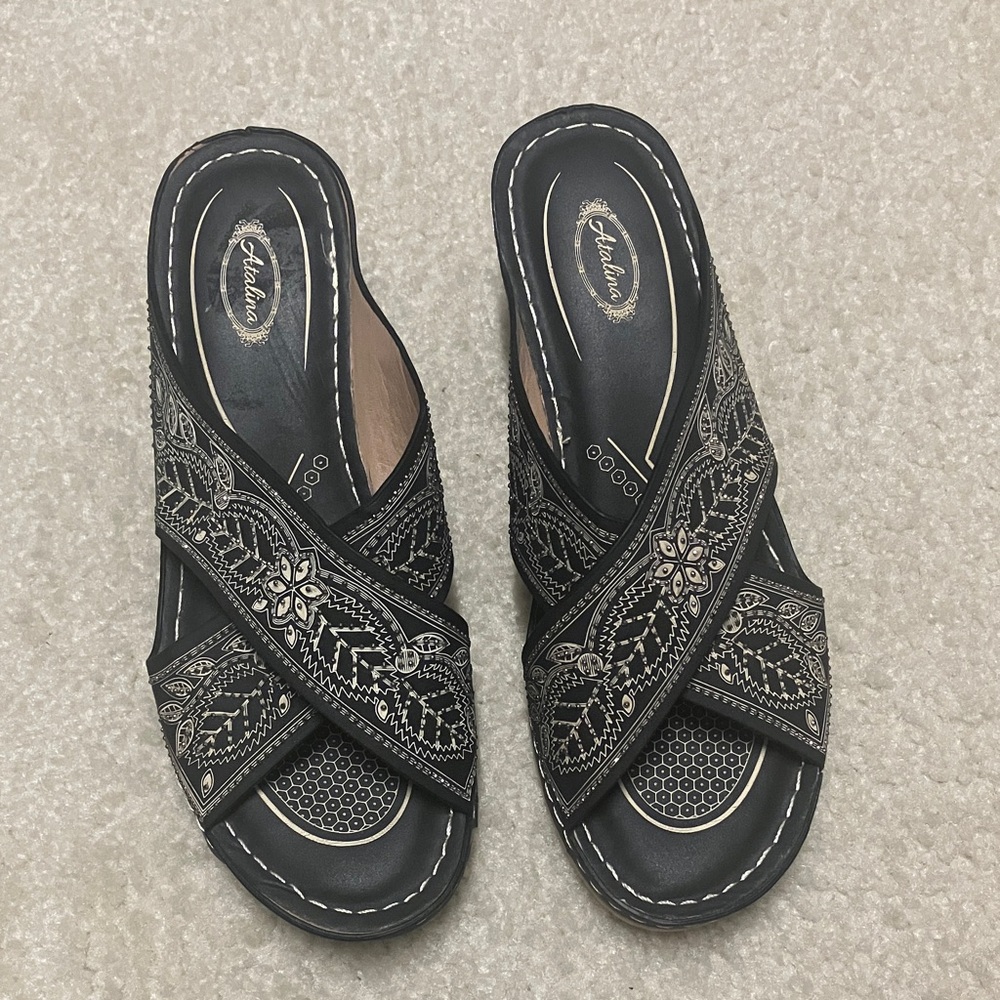 Catalina  and Black Tan Embroidered Sandals. Brand New
